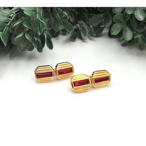 Vintage clip on earrings gold tone garnet red crystals dangle style by SAL swaro